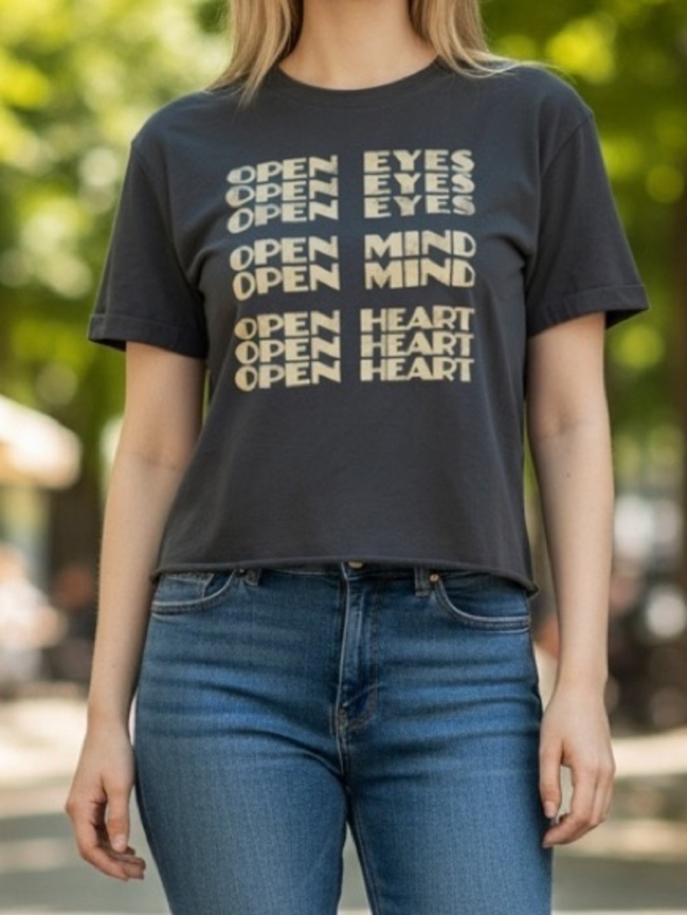Grayson Threads Dark Grey Cropped Graphic Tee 'Open Eyes Open Mind Open Heart'